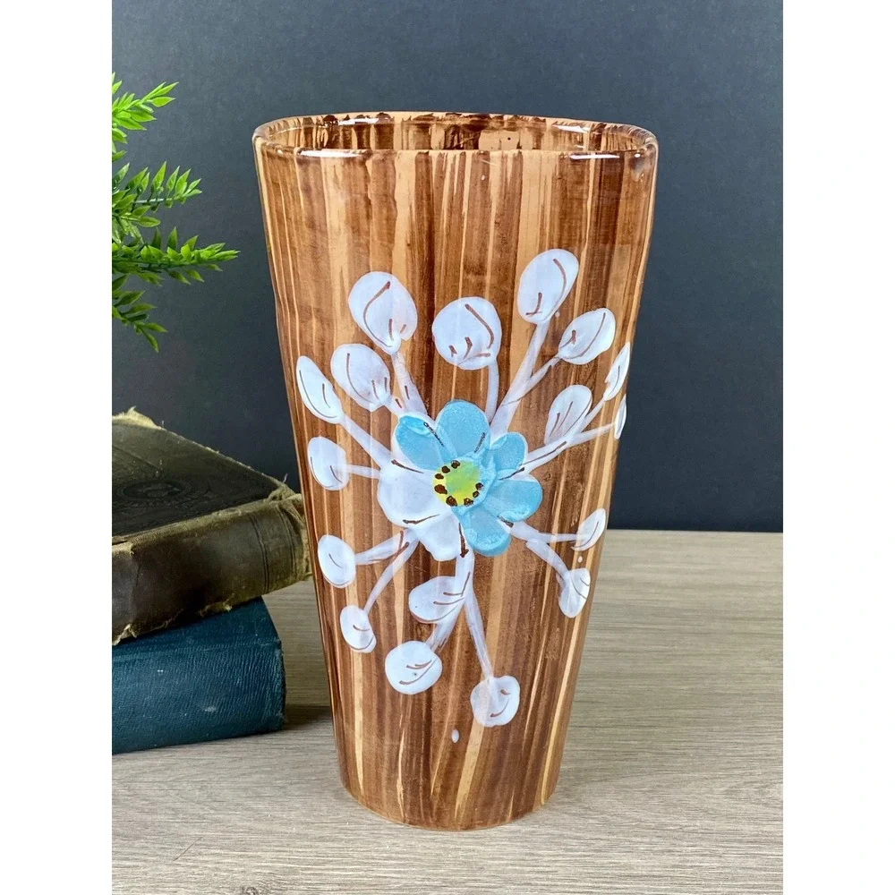 Italy Pottery Vase Wood Grain‎ Glaze Blue Flower Relief 8 Inch